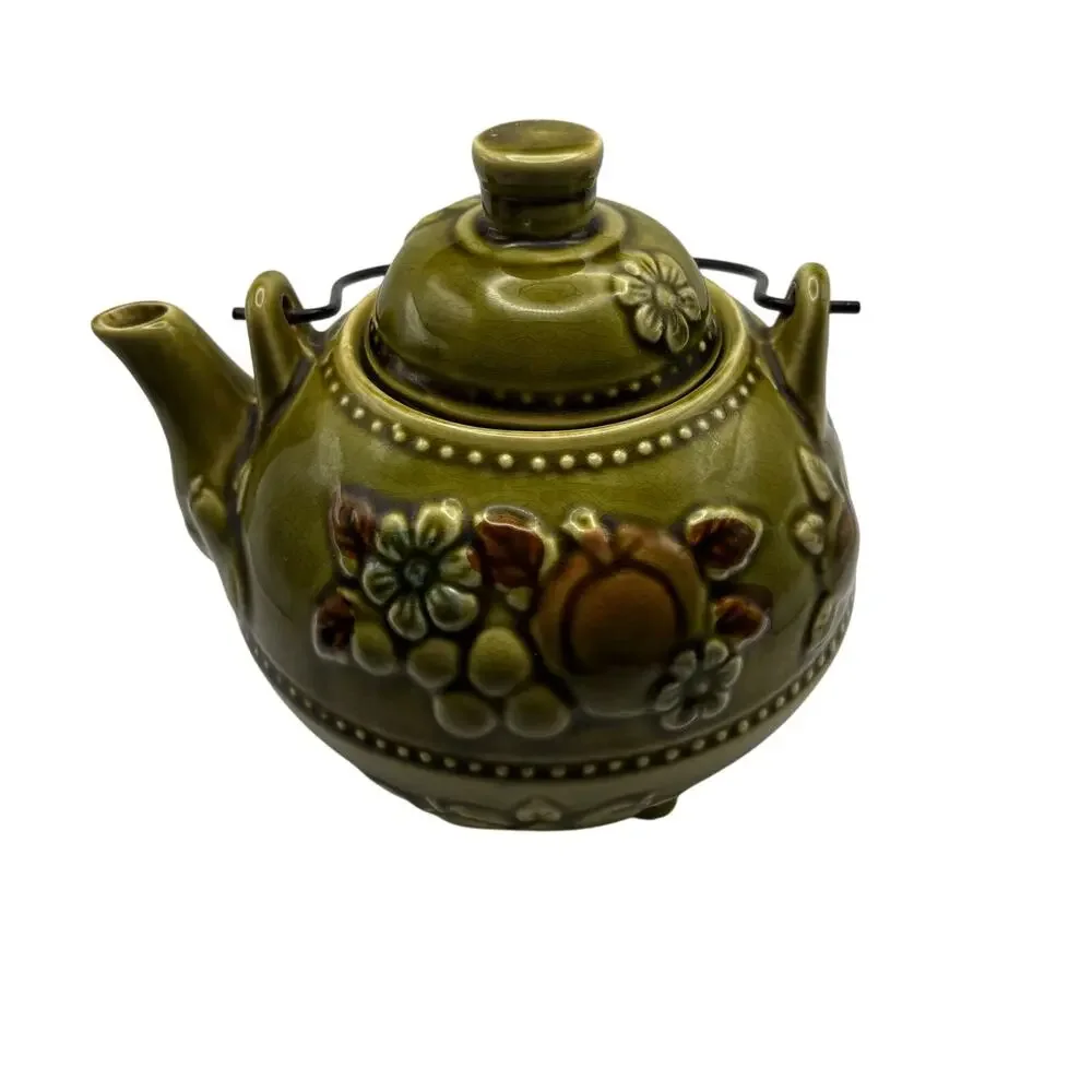 Vintage Japan Olive Green Embossed Fruit Footed Teapot  Decor with Wire Handle